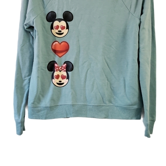 Disney Sweater Womens Small Teal Blue Mickey & Minnie Mouse Emoji Crew Neck - Picture 4 of 10